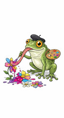 Obraz premium Frog as an Artist Painting Flowers