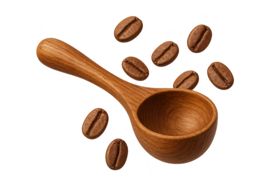 Roasted coffee beans and a wooden spoon isolated on transparent background