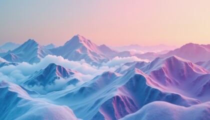 Majestic sunrise over snowy mountain peaks alpine landscape digital art serene environment wide-angle view