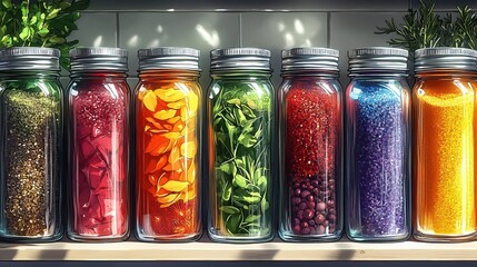 Colorful Assorted Spices and Grains in Glass Jars on Wooden Shelf