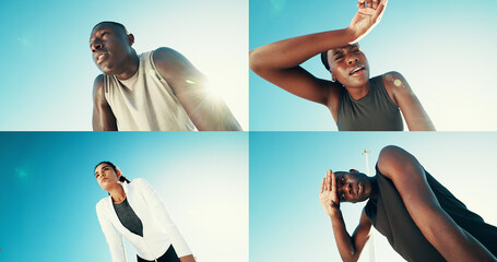 Tired people, fitness and collage with sweat for break, workout or intense outdoor training. Below, runners or montage with active community in rest or breathing for exercise or physical activity