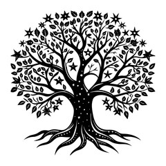 Obraz premium Download black and white tree of life vector art with stars and leaves illustration graphic design