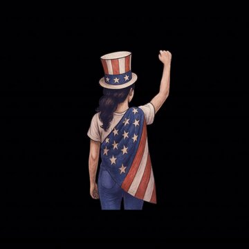 Looped animation of a patriotic woman wearing a USA top hat and draped in the American flag, raising her fist
