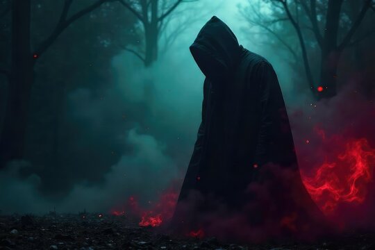 A shadowy figure shrouded in darkness, embodying temptation and moral failings, symbolizing the seductive nature of vice and the consequences of indulgence , envy, vice