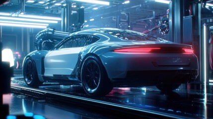 Fototapeta premium Futuristic vehicle in high tech garage