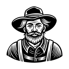Vintage farmer portrait illustration with hat and beard, Black and white drawing of a bearded farmer wearing a wide-brim hat and overalls, symbolizing rural life, tradition, and agriculture.
