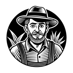 Vintage farmer illustration with hat and field background, Black and white drawing of a bearded farmer wearing a hat and overalls, standing in front of crops and hills, symbolizing agriculture and rur