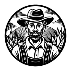 Vintage farmer illustration with hat and field background, Black and white drawing of a bearded farmer wearing a hat and overalls, standing in front of crops and hills, symbolizing agriculture and rur