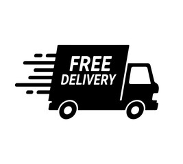 A bold black and white icon depicting a delivery truck with motion lines, signifying fast service. Black 