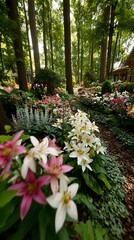 Lush Garden Oasis: A Serene View of Blooming Flowers Among Tall Trees in a Peaceful Natural Setting.