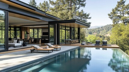 Obraz premium Glass sliding doors with black frames dividing lounge from outdoor pool area