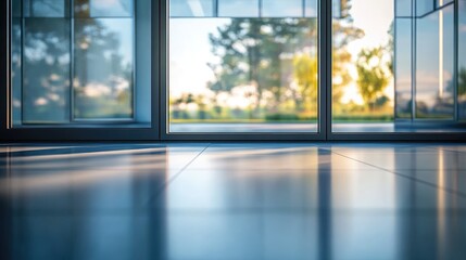 Fototapeta premium Glass sliding patio doors with morning sunlight casting reflections on floor
