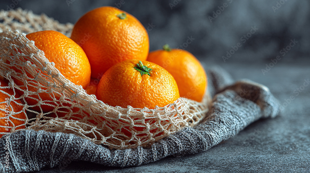 Poster a group of oranges in a net bag on a gray surface close up still life