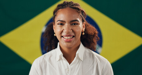 Portrait, loyalty and happy woman with Brazilian flag for culture or freedom of citizenship. Face,...