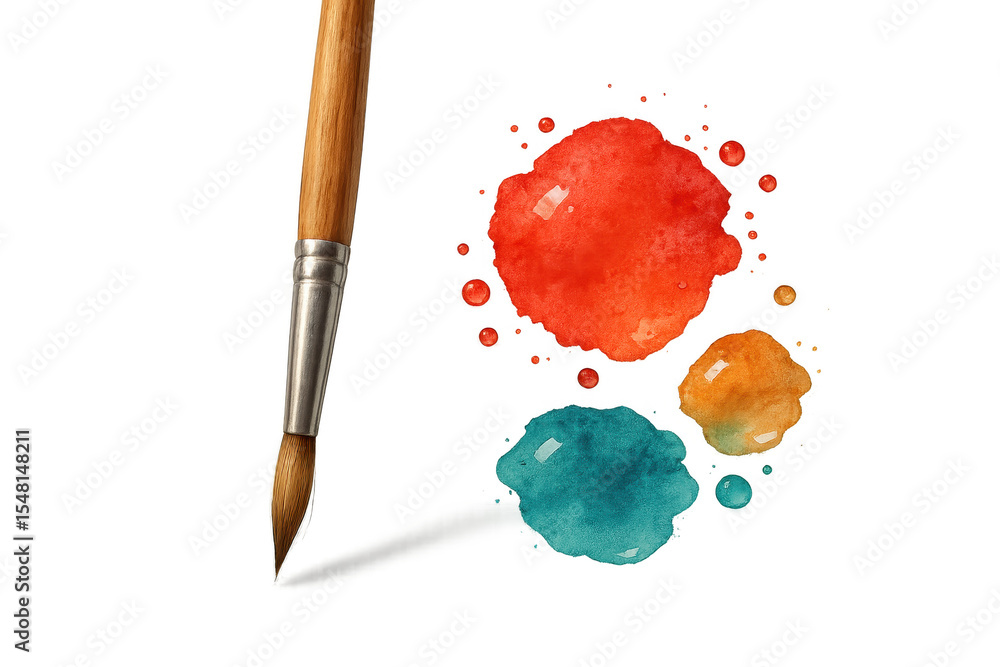 Poster paintbrush and vibrant watercolor blobs isolated on transparent background