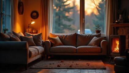 Cozy living room with a space heater providing warmth on a chilly autumn evening Perfect for seasonal comfort and home ambiance imagery , housewarming, summer