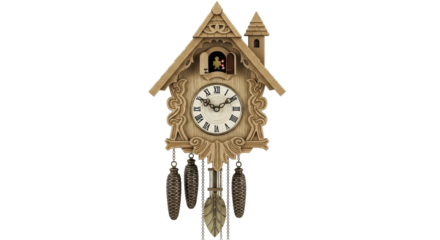 Isolated Wooden Cuckoo Clock with Pinecone Weights