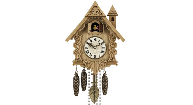 Isolated Wooden Cuckoo Clock with Pinecone Weights