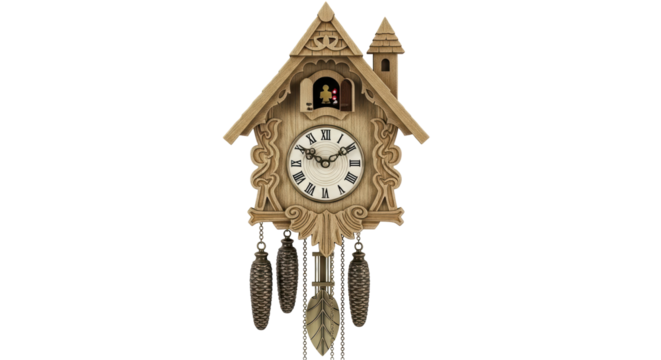 Isolated Wooden Cuckoo Clock with Pinecone Weights