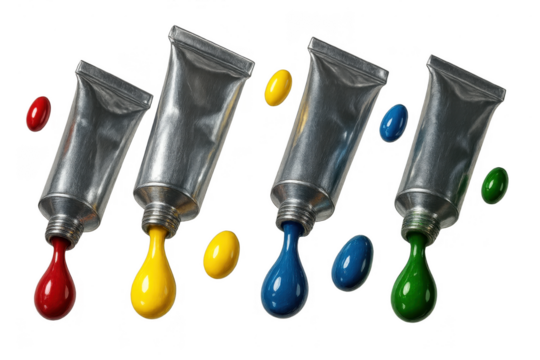 Colorful paint tubes with primary colors isolated on a transparent background, art.