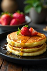 Fluffy cottage cheese pancakes sizzling on a hot griddle, golden brown and delicious Ready to be served with fresh fruit and a drizzle of honey for a healthy and tasty breakfast , sweet, savory
