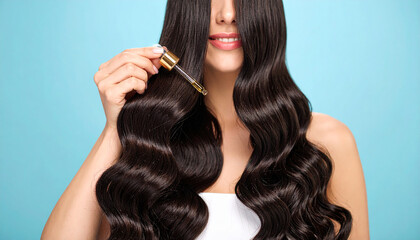 Fototapeta premium Hair Serum Dropper with Curls in Background: A Perfect Solution for Frizz-Free, Glossy Hair