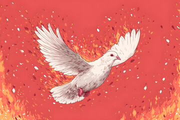 Fototapeta premium White dove in fire in the war. World peace day. Stop war in Ukraine. Peace crisis, no war, equality and love concept. Hiroshima Day. Background for banner, slogan, card, poster