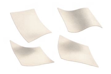 Four slightly bent textured paper sheets isolated on transparent background. Paper mockup.