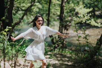 Joyful woman in a white dress spinning amidst fresh greenery by a tranquil stream. Radiates...