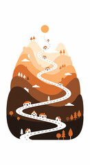 Winding Road Through Hilly Landscape with Houses and Trees
