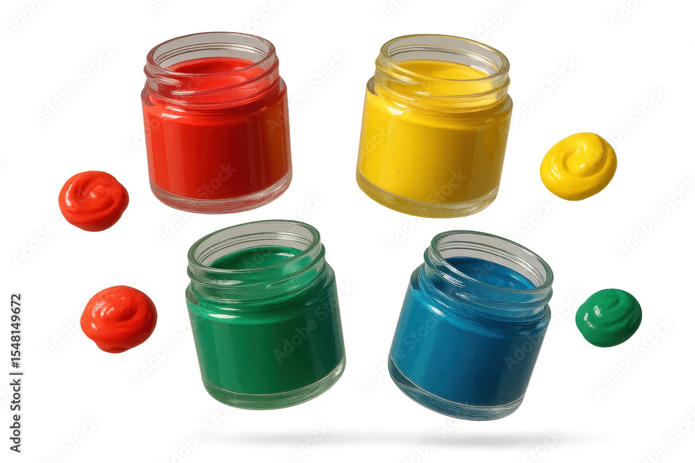 Poster colorful paint jars with paint blobs isolated on transparent background, art