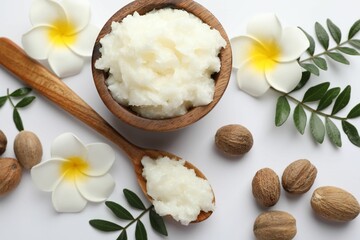 Shea butter, nuts, plumeria flowers and leaves on white background, flat lay