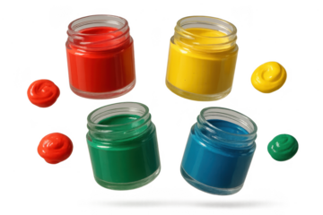 Colorful paint jars with paint blobs isolated on transparent background, art