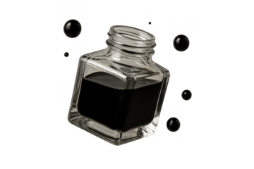 Ink bottle on transparent background, isolated black liquid in a clear glass
