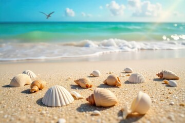 Seashells scattered on a sun-drenched beach, gentle waves lapping the shore, a tranquil scene of summer relaxation Perfect for travel, vacation, and nature themes , paradise, scenery