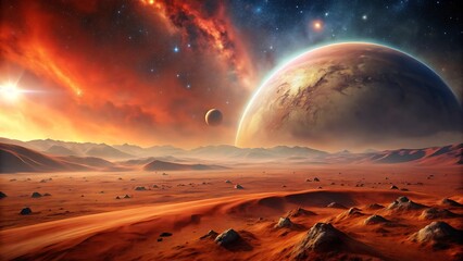 Hyper-realistic Mars surface panorama with dust storms n space