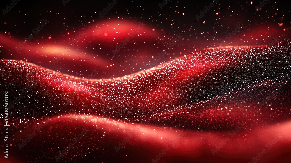Poster red shimmering particles flowing in waves.