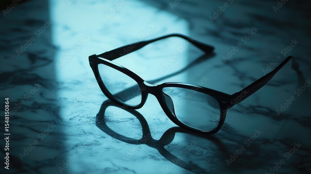 Poster matte black spectacles neatly positioned on a marble countertop with soft lighting