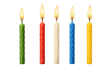 Festive colorful birthday candles with flame isolated on transparent background