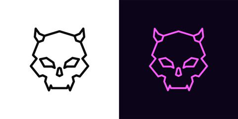 Outline demon skull icon, with editable stroke. Devil skull with horns and fangs, vampire cranium icon. Death face, scary skeleton head, evil, demon emoji, satan skull, monster cranium. Vector icon