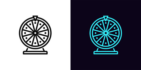 Outline fortune wheel icon, with editable stroke. Lucky spin icon, roulette game. Lucky wheel, lottery game, casino roulette spin, fortune chance bet, win prize reward, free spin bonus. Vector icon
