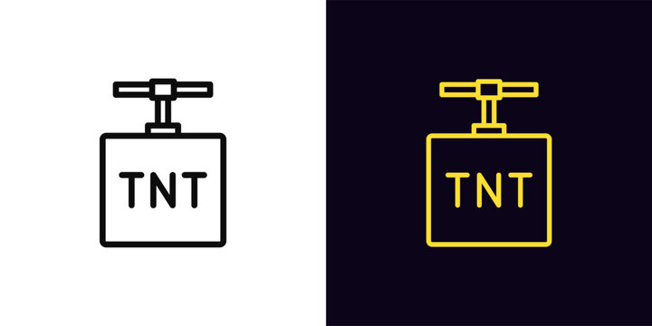 Outline TNT icon, with editable stroke. TNT detonator box with handle, dynamite icon. Bomb detonator, explosion danger warning, dynamite blast, explosive charge and blasting work caution. Vector icon