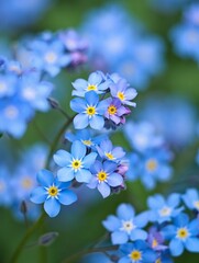 Close-up of delicate light blue forget-me-not flowers blooming in a garden setting