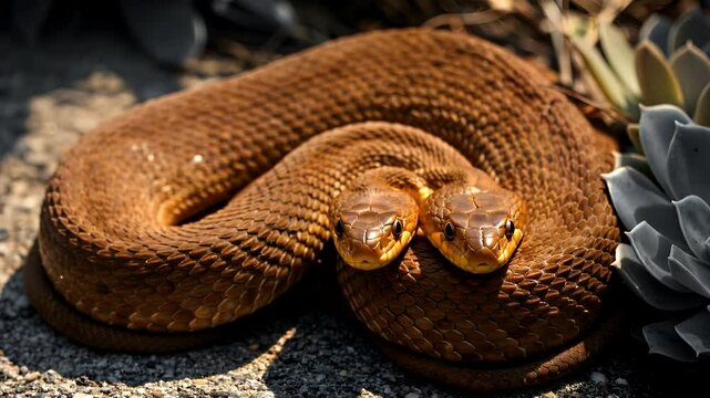 Basking in warm sunlight, a rare two-headed brown snake lies still among lush plants, captured in striking close-up detail.