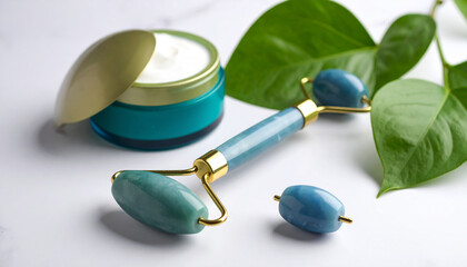 Jade Roller with Cream Skincare Beauty Routine Facial Massage Natural Wellness
