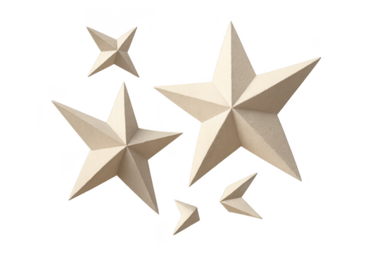 Five pointed star shapes isolated on transparent background, beige color