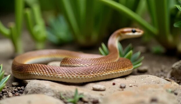 A brown snake curled up on rocks, with greenery softly blurred behind.