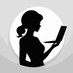 Woman holding laptop silhouette isolated on white
