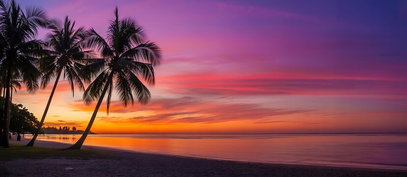 Tropical beach scene with palm trees silhouetted against a vibrant sunset sky and ocean
