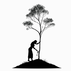 Silhouette of woman planting tree on hill

